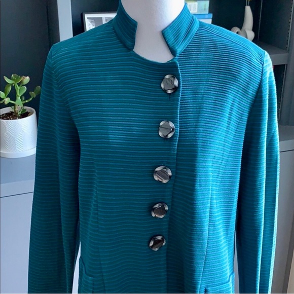 Designer MISOOK Striped Green and Blue Jacket with Decorative Buttons - Picture 2 of 11